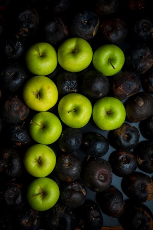 Fresh green apple alphabet letter on a background of rotten applesの写真素材