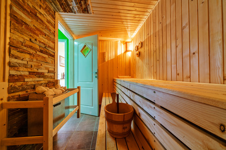 Interior of small home Finnish wooden saunaのeditorial素材