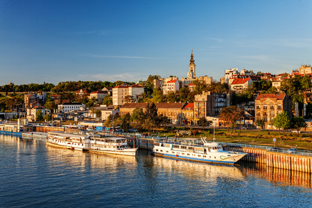 Belgrade from river Sava with tourist riverboats on a sunny dayの写真素材