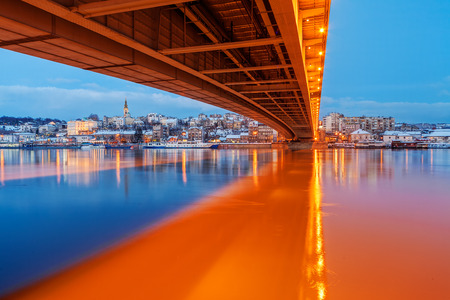 Panorama of Belgrade at night with river savaの写真素材