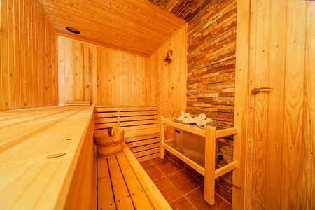 Interior of small home Finnish wooden saunaの写真素材