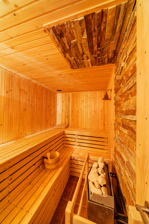 Interior of small home Finnish wooden saunaの写真素材