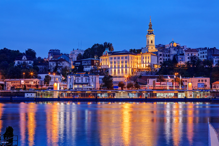 Panorama of Belgrade at night with river Savaの写真素材