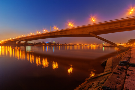 Bridge across river Sava at night with artificial lightning, Belgrade Serbiaの写真素材