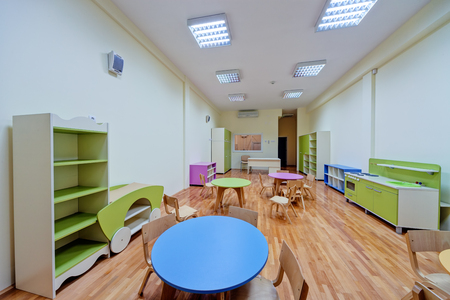 A preschool with little furniture for small children between the ages of three and fiveのeditorial素材