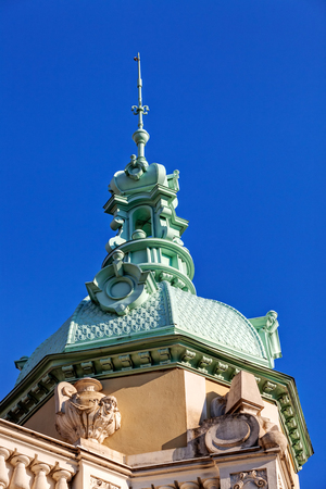 Stone facade on classical building with ornaments and sculpturesの写真素材
