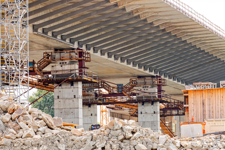 steel bridge construction with scaffoldingの写真素材
