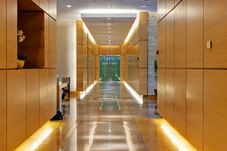 Corridor inside of modern building with wooden panels on wallsの写真素材