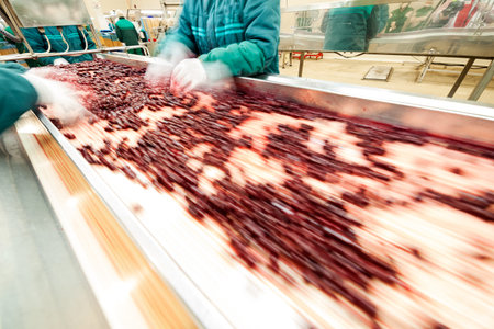 frozen sour cherries in sorting and processing machines
