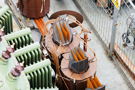 details of broken high voltage power transformer at repair shopの写真素材