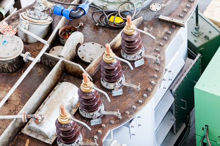 details of broken high voltage power transformer at repair shopの写真素材