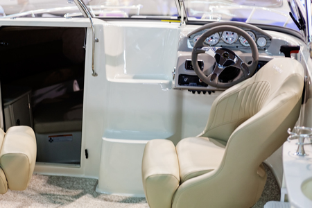 close up of small white speedboat at nautical exhibitionの写真素材