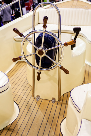 close up of small white speedboat at nautical exhibitionの写真素材