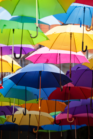 street decoration with colorful open umbrellas at old part of Belgrade, Serbiaの写真素材