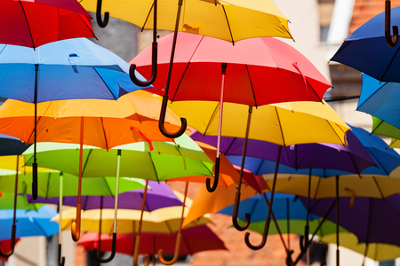 street decoration with colorful open umbrellas at old part of Belgrade, Serbiaの写真素材