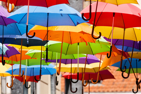 street decoration with colorful open umbrellas at old part of Belgrade, Serbiaの写真素材
