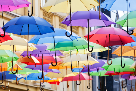 street decoration with colorful open umbrellas at old part of Belgrade, Serbiaの写真素材