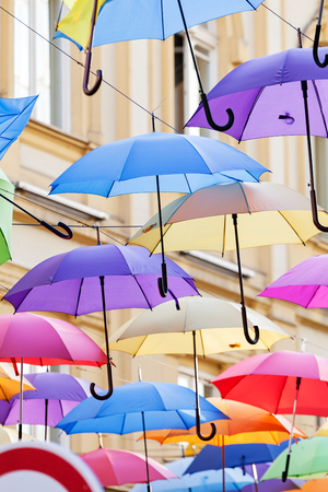street decoration with colorful open umbrellas at old part of Belgrade, Serbiaの写真素材
