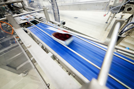 frozen red raspberries in sorting and processing machinesの写真素材