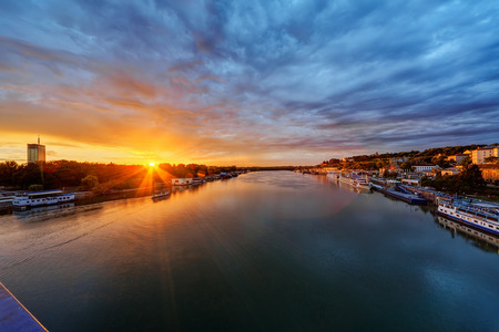 Panorama of Belgrade at night with river savaの写真素材