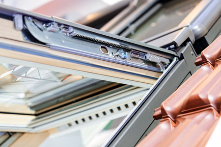 Open roof window system for home, outside view; note shallow depth of field
