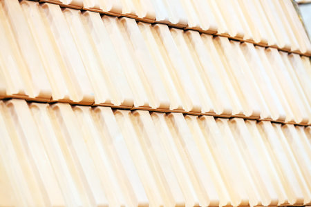 Detail of roof tiles on exhibition stand at construction fairの写真素材