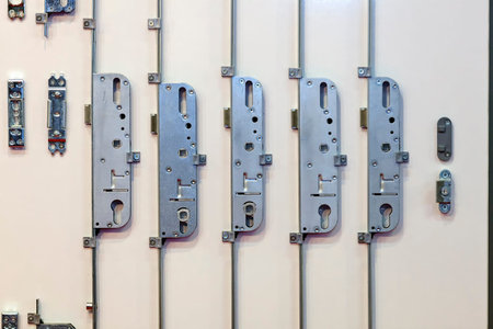 Five steel door lock mechanisms on exhibition