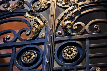 Details, structure and ornaments of wrought iron fence with gate