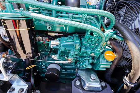 View on motor of new excavator digging