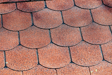 Detail of roof shingle on exhibition stand at construction fairの写真素材