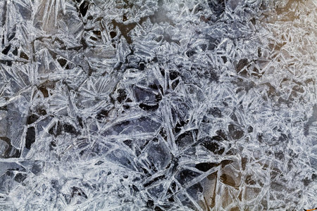 Crust of ice on a small puddle on winter