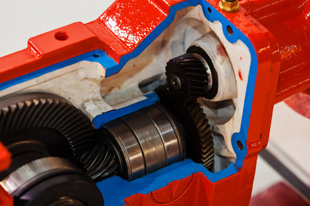 Gearbox on large electric motor at industrial equipment plant