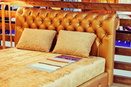 exhibit a double bed at the furniture  fair , note shallow depth of fieldの写真素材