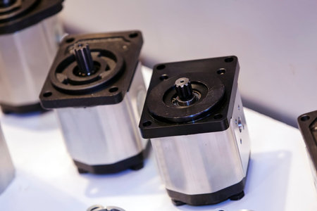 Closeup new design of parts for machine on exhibition show; note shallow depth of field