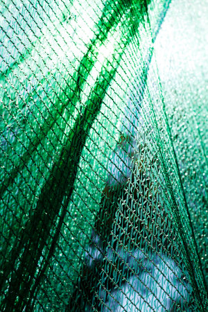 thick green plastic safety net for construction site, note shallow depth of field