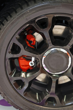 Steel detail inside of car wheel; note shallow depth of fieldの写真素材