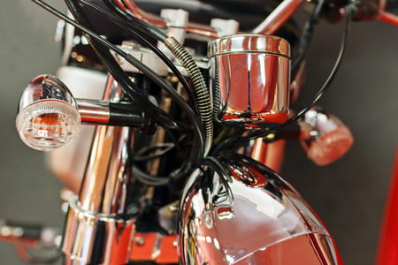 Closeup photo of new motorcycle front suspension; note shallow depth of fieldの写真素材