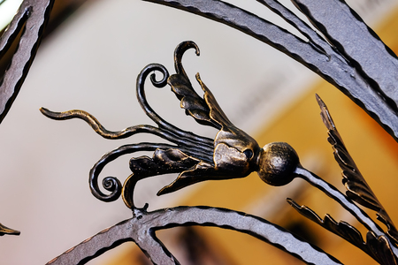 Details, structure and ornaments of wrought iron fence with gateの写真素材