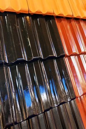 Detail of roof tiles on exhibition stand at construction fairの写真素材