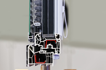 Cross section of triple glazing pvc profile for window; note shallow depth of fieldの写真素材