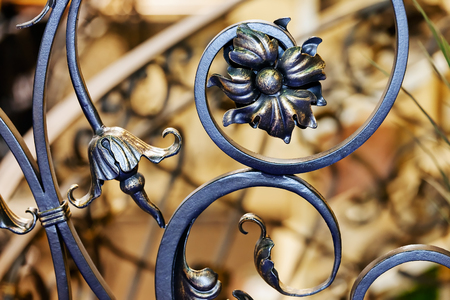 Details, structure and ornaments of wrought iron fence with gateの写真素材