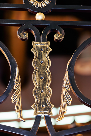 Details, structure and ornaments of wrought iron fence with gateの写真素材