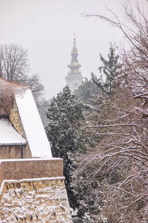 Belgrade old fortress under the snow, note shallow depth of fieldのeditorial素材
