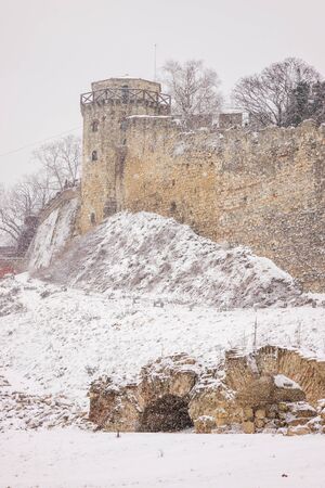 Belgrade fortress under the snow, note shallow depth of fieldのeditorial素材