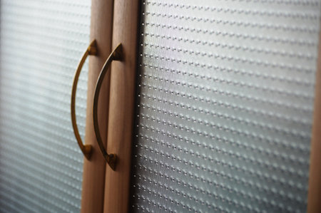 Close up of wooden window blinds. Shallow depth of field.の写真素材
