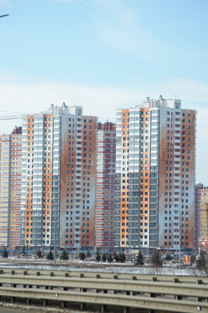 New residential buildings on the background of blue sky, Moscow, Russiaの写真素材