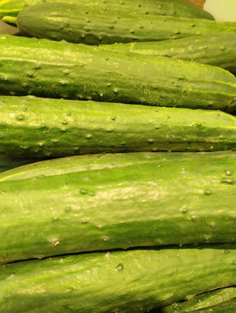 Cucumbers in the market, close-up, selective focusの写真素材