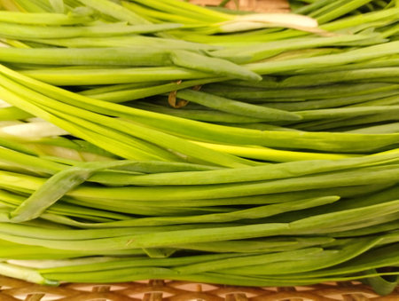 Fresh green onions in a basket on a white background. close-up.の写真素材