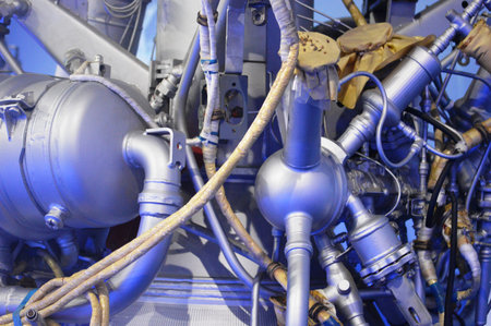 Close-up of the engine of a modern aircraft. blue tonedの写真素材