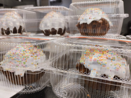 Cupcakes in plastic boxes for sale at a pastry shop.の写真素材